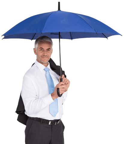 Confident businessman holding blue umbrella transparent background