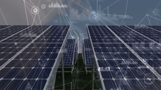 Video showcasing advanced solar panels with network connections, symbolizing the integration of technology and renewable energy. Ideal for illustrating concepts in sustainability, modern energy solutions, smart grids, and environmental innovation. Useful for presentations, websites, and educational materials focused on green technology and eco-friendly energy solutions.