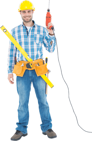 Smiling repairman with driller and toolbelt on transparent background