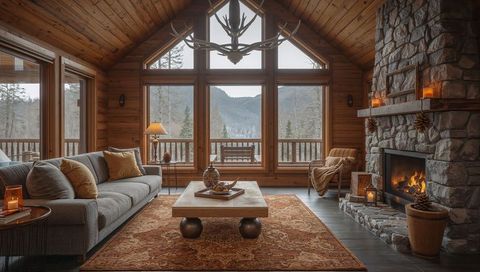 Showcasing Cozy Mountain Cabin Living Room with Stone Fireplace, Gray Sofa, Panoramic View