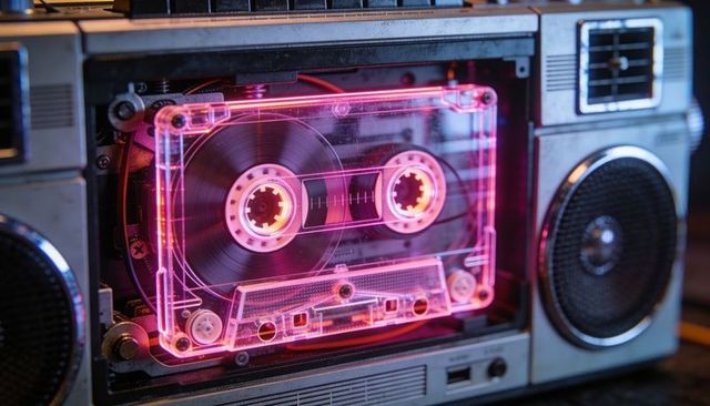 Neon Transparent Cassette Spinning Inside Vintage Boombox Illuminating Pink Retro Audio