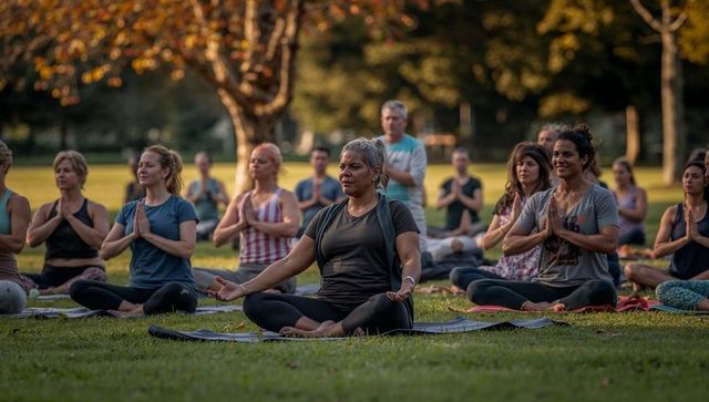 Diverse group meditation session in scenic park setting