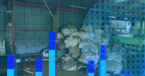 Warehouse stacked burlap sacks with augmented reality charts and inventory analytics