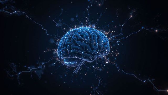 Glowing neural brain emitting electric signals and synaptic network