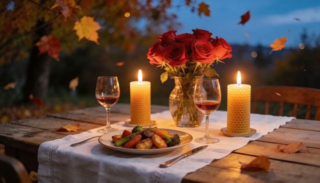 Romantic autumn candlelit dinner with roses and roasted vegetables outdoors at dusk