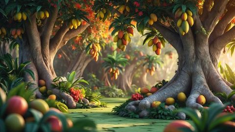 Sunlit tropical orchard with lush mango trees and fruit clusters, garden of eden concept