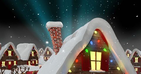 Festive Village with Snow-Covered Rooftops and Colorful Lights
