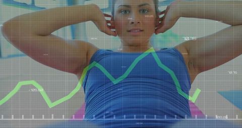 Woman performing crunches on mat with performance chart overlay for fitness tracking