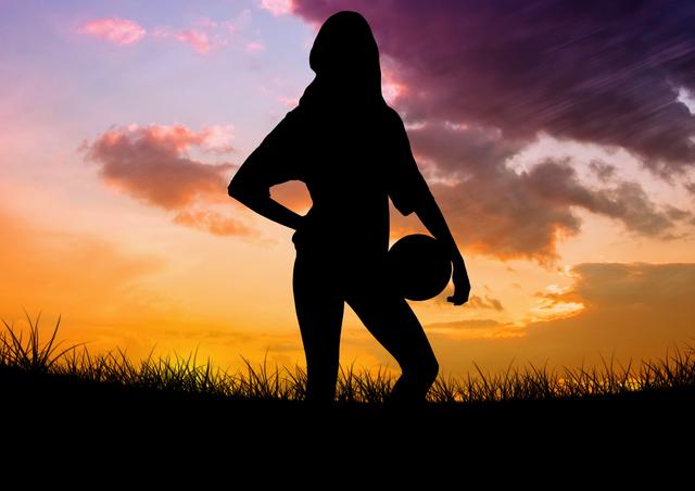Digital composition of woman silhouette holding ball on meadow against sky background