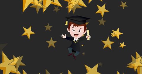 Cartoon graduate jumping with stars background for children's celebration