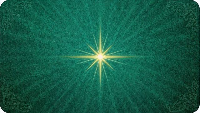 Golden starburst radiating on teal textured rounded card with ornate filigree corners