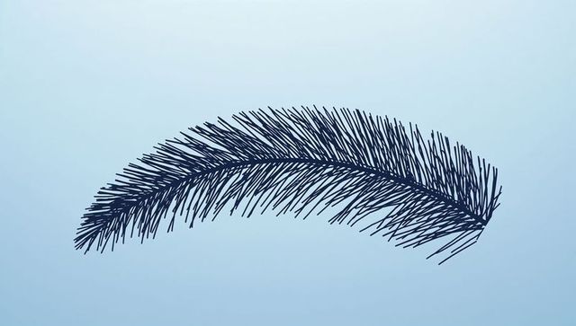 Navy pine needle line art curving branch on pale blue gradient minimal botanical vector