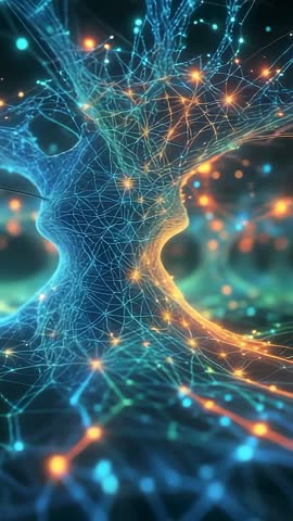 Pulling Back and Circling Neon Neural Network in 3D While Pulsing Signals Travel