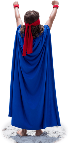 Teal Blue Superhero Cape Boy with Raised Hands on Transparent Background