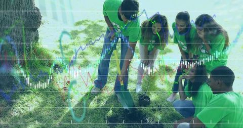 Volunteer Group Digging for Environmental Initiative with Data Overlay