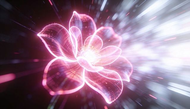 Glowing neon blossom pulsing in virtual space with luminous particle core and filaments