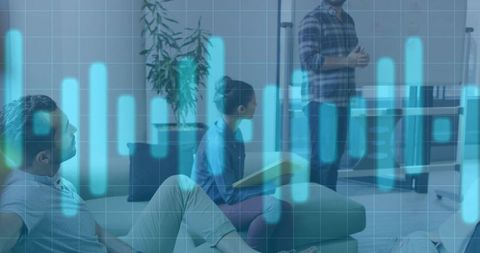 Collaboration and Brainstorming in Modern Office Lounge with Data Visualization Overlay