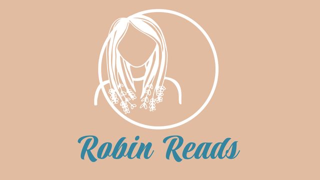 Robin reads text in blue and faceless woman with long hair in white circle on brown background. Books, reading, publishing and promotion, digitally generated image.