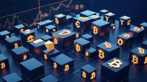 Cryptocurrency Symbols on 3D Cubes with Rising Chart Graph