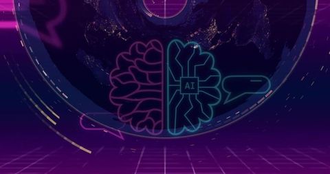 Neon split-brain ai circuit overlay with globe and futuristic hud for tech and ai concepts