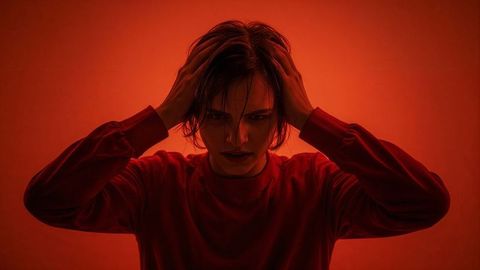 Thoughtful person expresses tension in red lighting