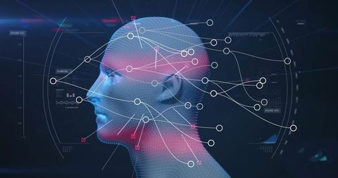 Futuristic Wireframe Head Displaying Network Connections
