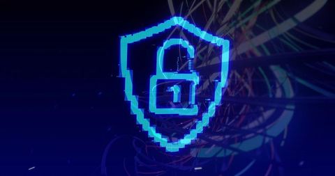 Glowing pixel shield lock representing cybersecurity, data protection, network security
