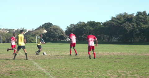 Soccer Players Competing on Sunny Field in Intense Match