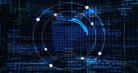Futuristic hud interface with rotating blue arc, pulsing nodes and digital grid dataflow
