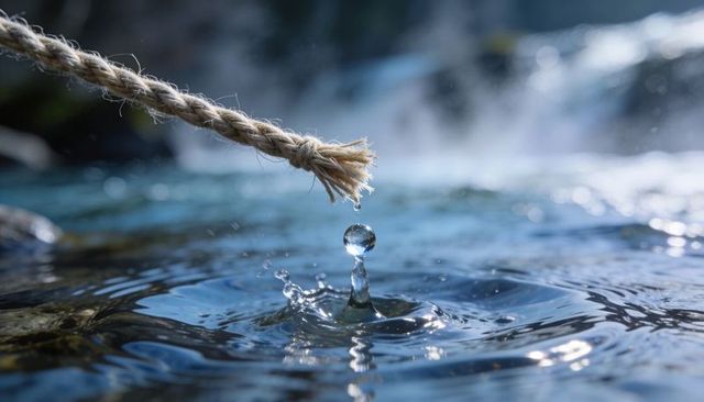 Frayed Rope Dripping Water Droplet Forming Crown Splash Over Shallow Stream Pool