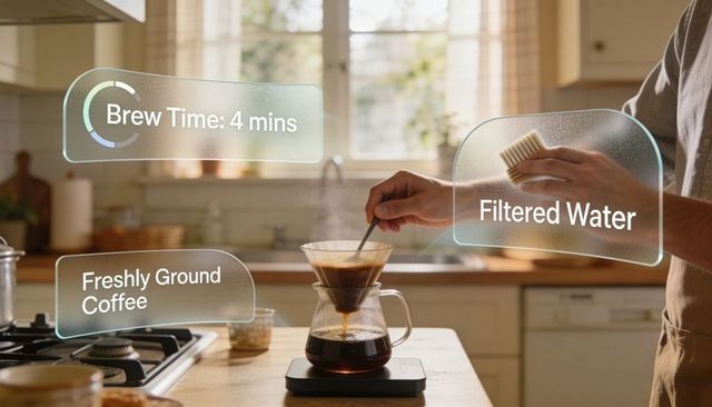 Pouring filtered water and stirring freshly ground coffee in pourover chemex on scale