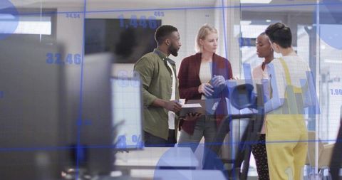 Diverse Team Collaborating at Treadmill Desk with Digital Data Overlay