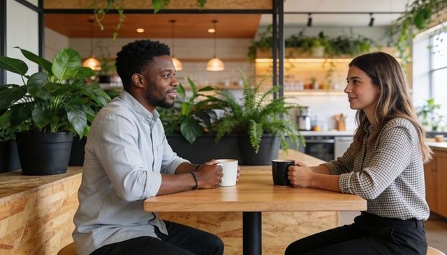 Coworkers chatting over coffee at plant-filled modern cafe during casual meeting
