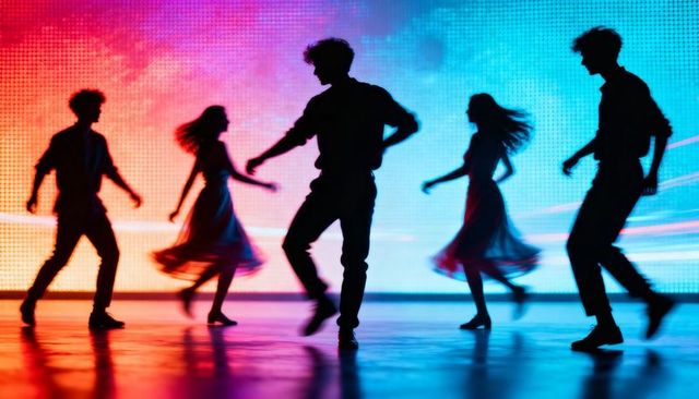 Dancing silhouetted quintet on vibrant led stage with flowing skirts and reflective floor