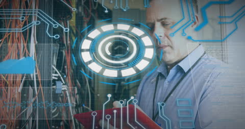 IT Specialist Analyzing Computer Server with Data Interface