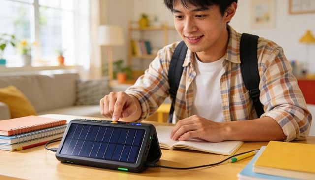 Asian student charging solar powerbank while studying with notebook and backpack