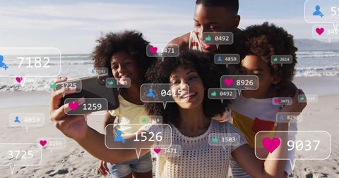 Family taking beach selfie with social media likes and followers overlay