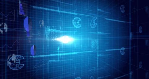 Neon euro hologram with digital flare and circuit grid for fintech data visualization