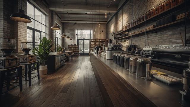 Rustic minimalist urban coffee shop interior with industrial decor