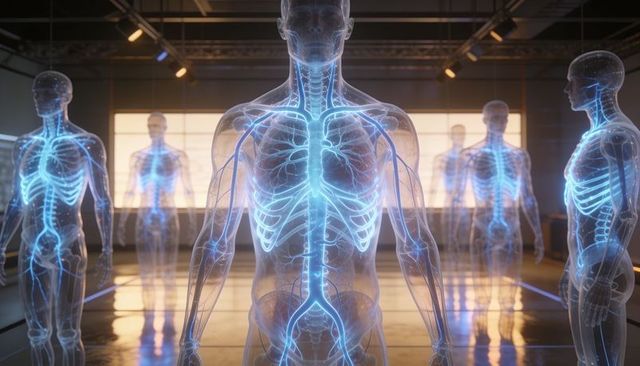 Translucent human anatomy with glowing circulatory system in futuristic gallery exhibit