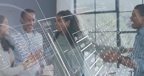 Business team celebrating analytics win with transparent dashboard in modern office