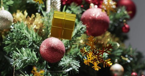 Gold and Red Ornaments Adorning Lush Christmas Tree Branches - Download Free Stock Images Pikwizard.com
