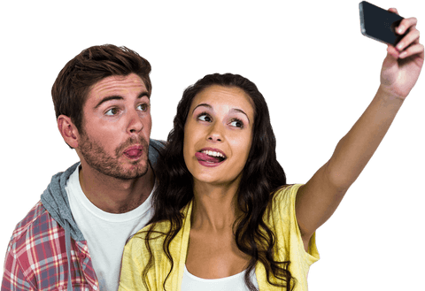 Couple Playfully Taking Selfie Sticking Tongue Out Isolated on Transparent