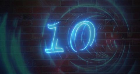 Shining neon blue ten on brick wall with swirling light