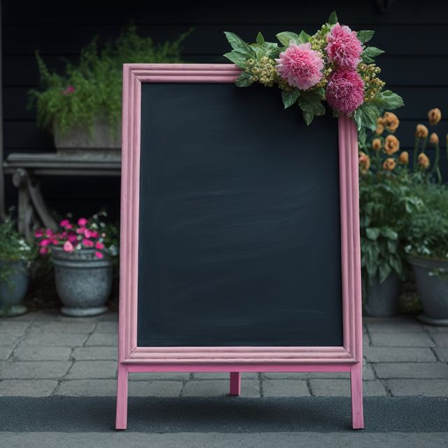 Chalkboard with flowers outside store with copy space, created using generative ai technology. Shopping and retail concept, digitally generated image.