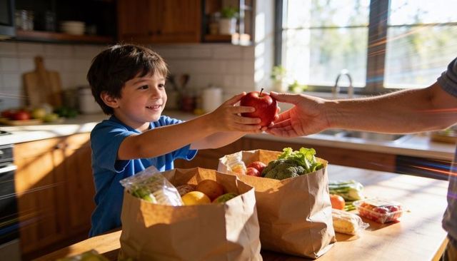 Smiling boy receiving red apple from parent while unpacking groceries on kitchen countertop