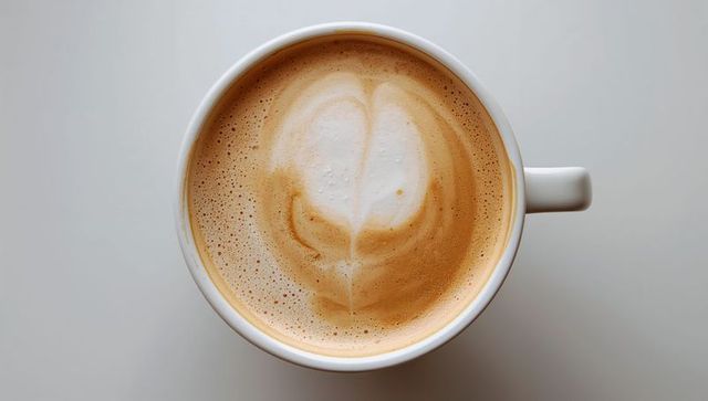 Overhead Heart Latte Art in White Ceramic Cup on Neutral Gray Tabletop Minimal Coffee