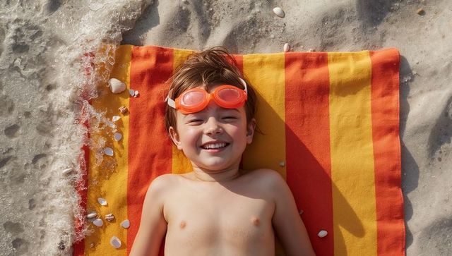 Smiling Shirtless Boy Lying on Orange-Yellow Striped Towel Wearing Orange Goggles on Sunny Beach