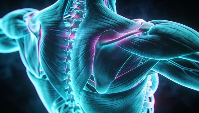 Glowing 3d anatomy showing thoracic spine, scapula and shoulder muscles with neon filaments