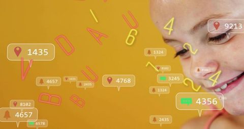 Smiling girl with social media notification bubbles on bright yellow background